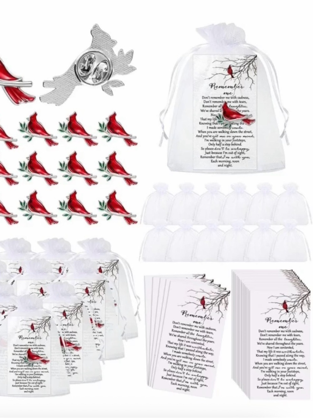 Set of 85 Remember Me Red Cardinal Lapel Pin and memorial card with bag